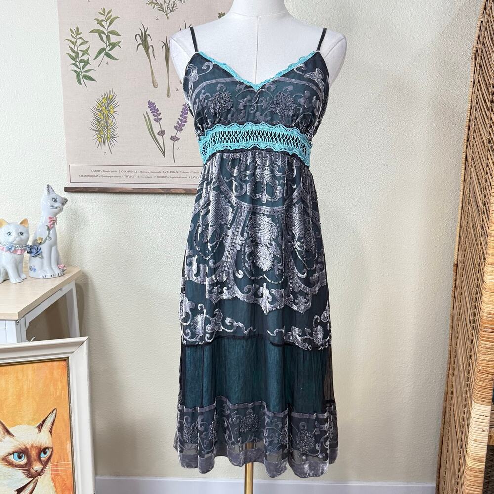 Vtg 90s Y2k Silk Burnout Velvet Beaded Babydoll Dress Whimsigoth Fairy Grunge S
